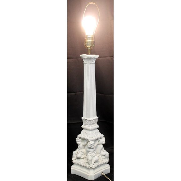 Vtg 50s 60's MCM White Cherub Angel Lamp Functioning Chalk ware Painted Plaster - Picture 1 of 11